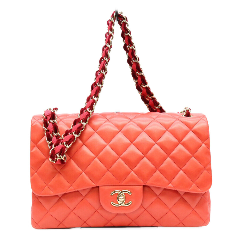 CHANEL A48105 Red Lambskin Gold Hardware Velour x Nylon Chain Large MatelassΓ©...